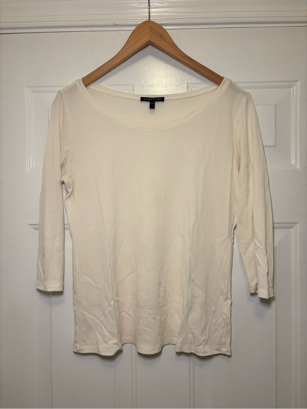 Eileen Fisher Women's Cream 100% Silk 3/4 Sleeve Scoop Neck Top